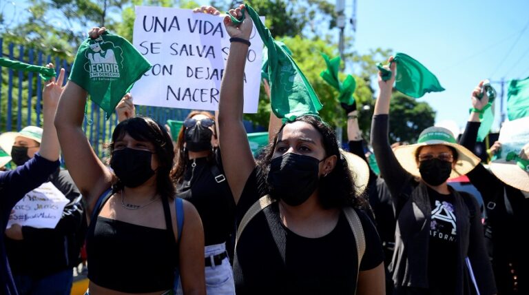 Pro-choice demonstrators march to mark International Safe Abortion Day in San Salvador