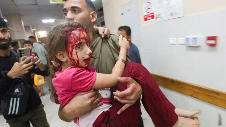 _A girl wounded in an Israeli strike on a tent encampment for displaced families, according to medics, is carried at Nasser hospital in Khan Younis, in the southern Gaza Strip May 25, 2026-reuters
